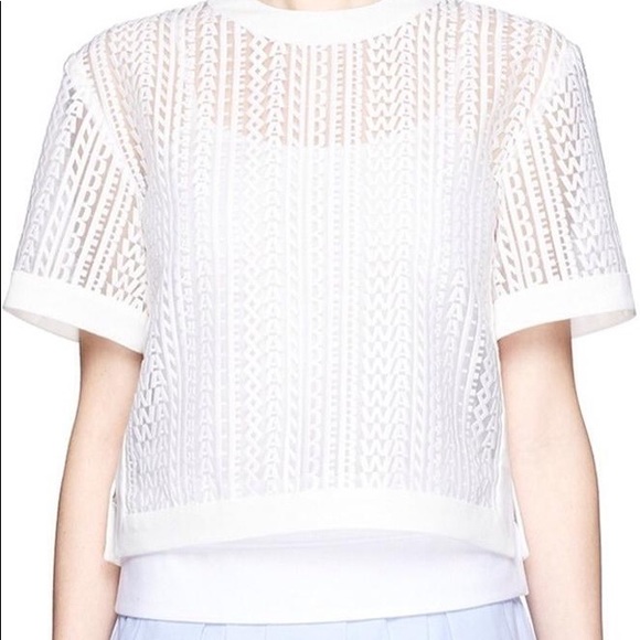 Alexander Wang White Sheer Name Logo Guipure Lace Embroidery Cropped Blouse - Picture 8 of 12